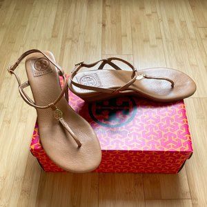 Tory Burch Emmy Demi Thong T-Strap Wedge Sandals in Royal Tan Leather Size 10